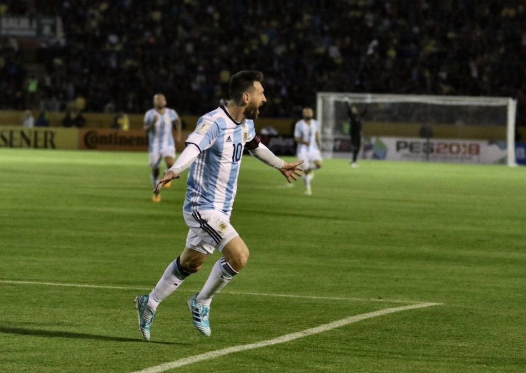 Messi celebrating scoring a hat-trick against Ecuador on 10 October 2017. His goals sent Argentina through to the 2018 FIFA World Cup in Russia. &copyAgencia de Noticias ANDES