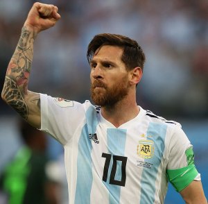 Argentine footballer Lionel Messi on 26 June 2018, celebrating a goal in the 2018 FIFA World Cup group stage match against Nigeria. &copyКирилл Венедиктов 